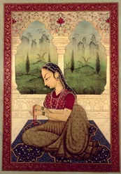 Lady Making a Garland (têmpera e óleo no painel)